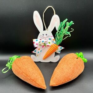 Easter Bunny Wood Hanging Ornament and‎ 2 Plush Fabric Carrots Decor Set 3pc